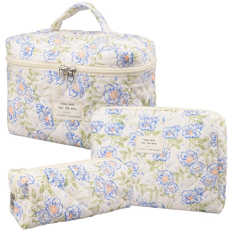 honitty Makeup Bag,Quilted Cosmetic Bags,Large Floral Make Up Organize bag,Makeup Bag Set for Women,Flower Travel Toiletry Bag - Image 1